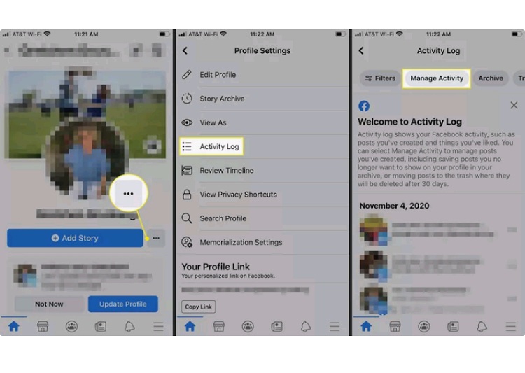 Bước tiến đến mục Quản lý hoạt động để khôi phục bài đăng đã xóa trên Facebook 