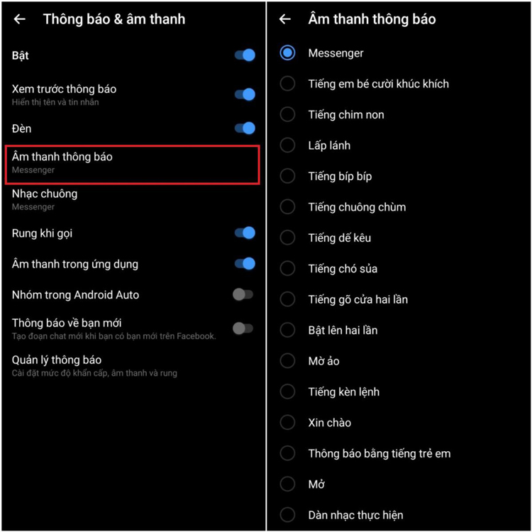 đổi nhạc chuông Messenger