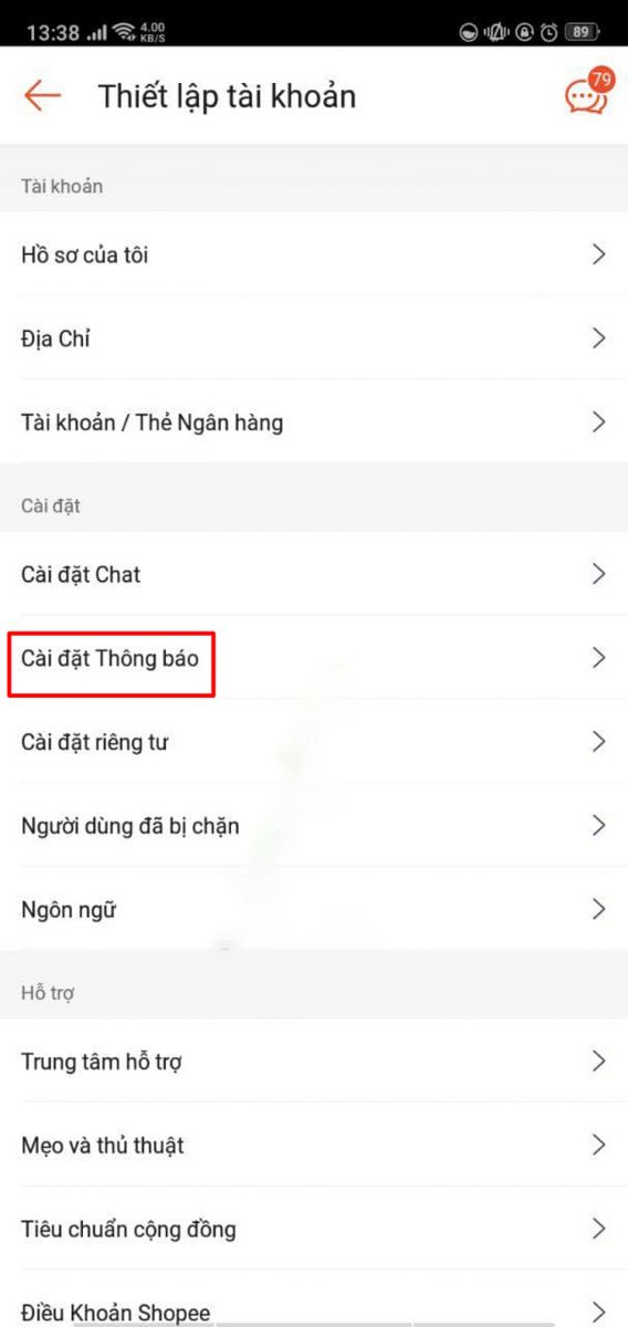 tắt thông báo shopee