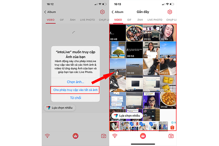 mở ứng dụng intoLive > Chọn Cho phép truy cập vào tất cả ảnh > Chọn video mà bạn muốn đặt làm hình nền.