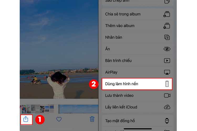 Nhấn vào biểu tượng Tùy chọn ở góc trái dưới màn hình > Chọn Dùng làm hình nền.