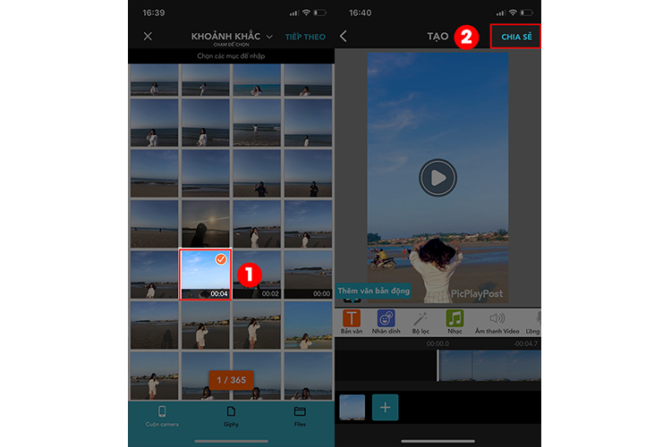 chọn video bạn muốn cài làm hình nền và nhấn Tiếp theo. Tại đây, bạn có thể chỉnh sửa lại video và nhấn Chia sẻ.