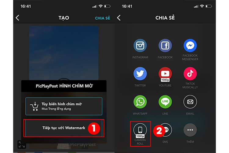 Chọn Tiếp tục với Watermark và sau đó chọn vào CAMERA ROLL.