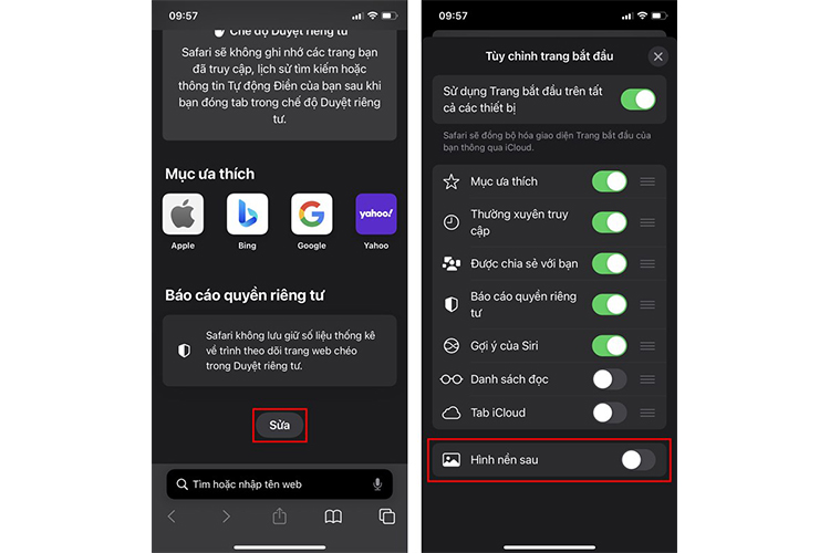 mở trình duyệt Safari trên iPhone, nhấn vào nút Sửa. Trong giao diện Tùy chỉnh trang bắt đầu, bạn bật tính năng Hình nền sau