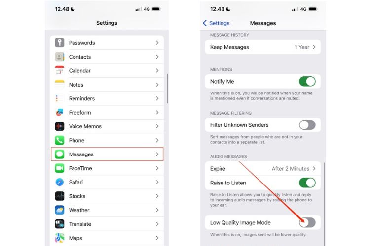 cách bật tắt hình ảnh chất lượng thấp trong imessage