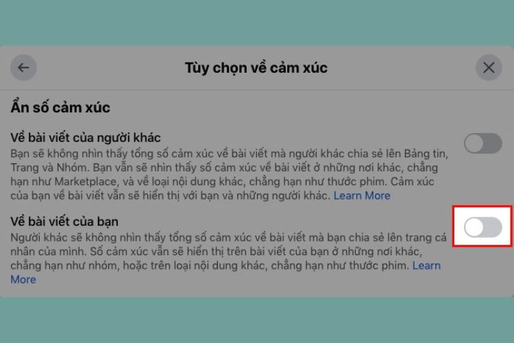 Nhấn vào biểu tượng nút gạt tại mục Về bài viết của bạn để ẩn số lượt like 
