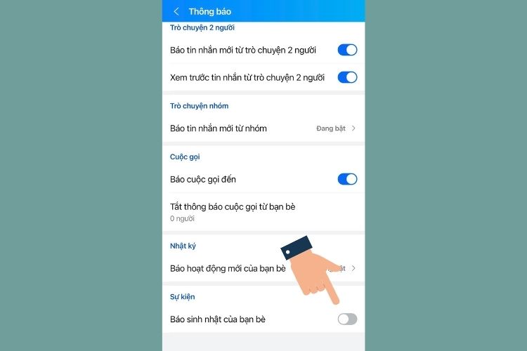 Gạt thanh trạng thái Báo sinh nhật của bạn bè để tắt thông báo sinh nhật trên Zalo