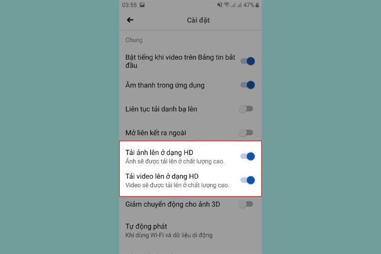 Nhấn vào biểu tượng nút gạt tại mục Tải ảnh, video lên ở dạng HD