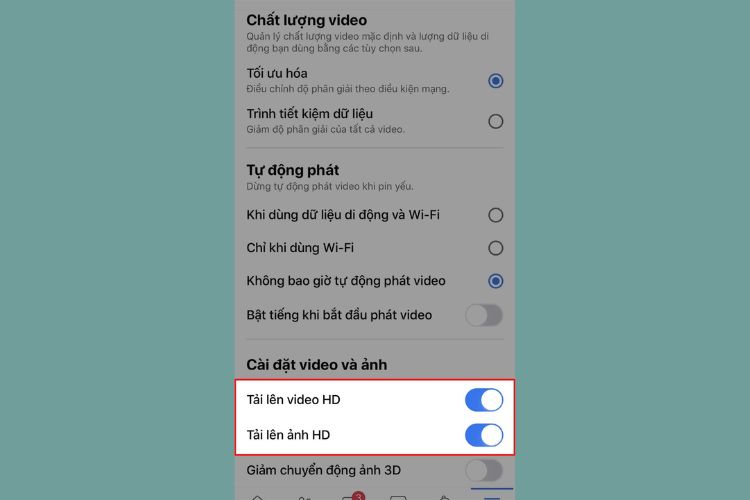 Nhấn vào biểu tượng nút gạt ở mục Tải lên ảnh, video HD