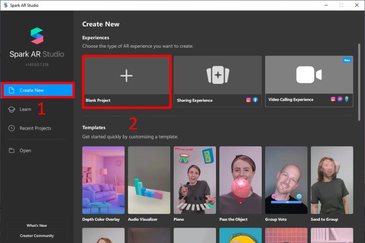 Click vào mục Create New và ấn vào mục Blank Project.