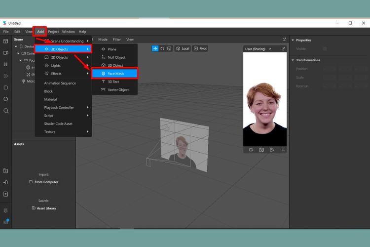 Chọn vào mục Add > Click vào 3D Object > Chọn Face Mesh