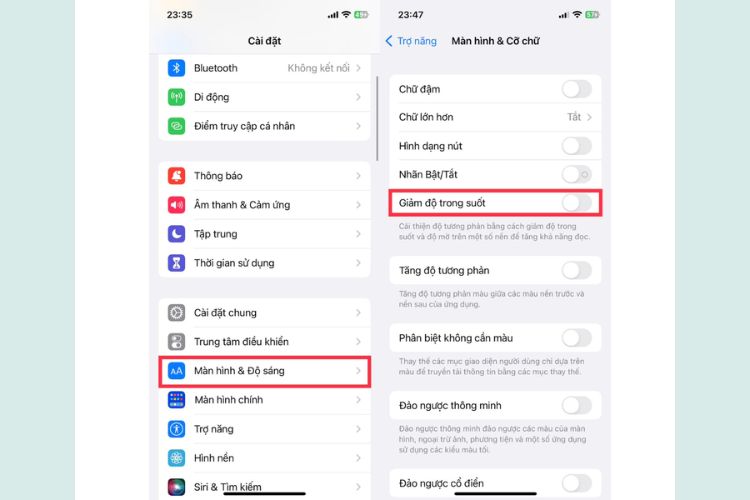 Nhấn vào biểu tượng nút gạt sang trái ở mục tính năng “Giảm độ trong suốt”.