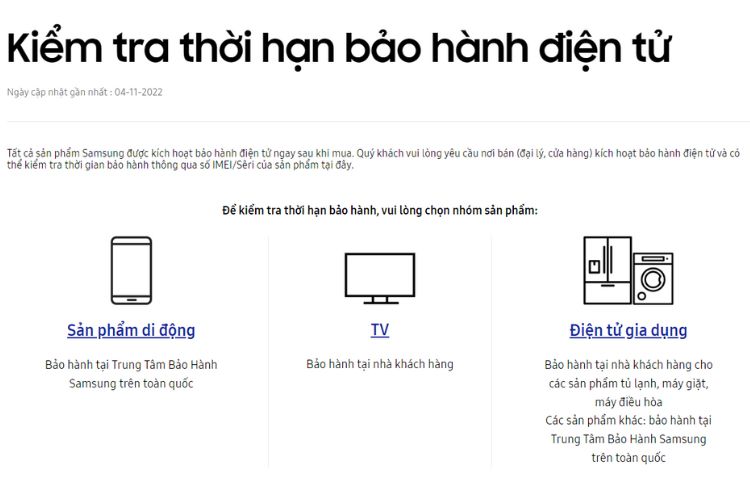 Kiểm tra kích hoạt bảo hành samsung trên website 