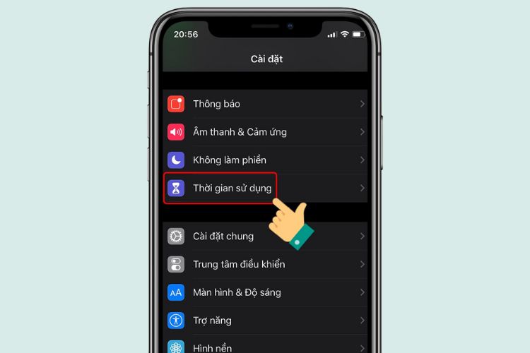 Mở Cài đặt trên điện thoại iPhone > Chọn Thời gian sử dụng