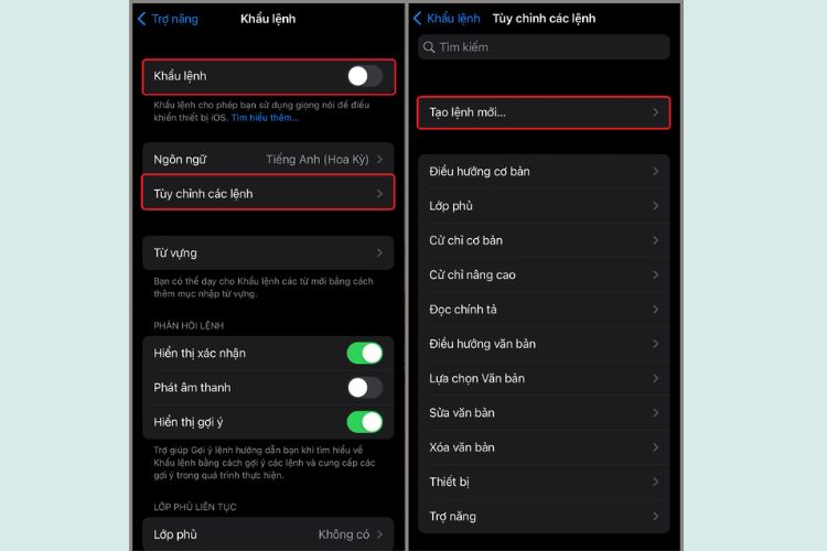 Bạn gạt nút sang bên phải để bật tính năng Khẩu lệnh cho điện thoại của mình.