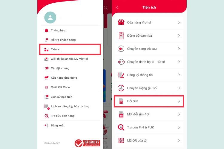 Chọn Tiện ích và sau đó chọn Đổi SIM.