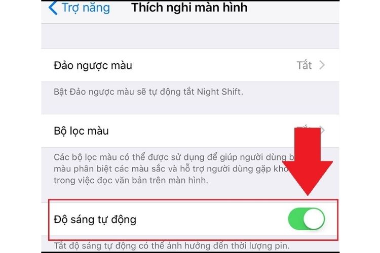 tắt chế độ sáng tự động
