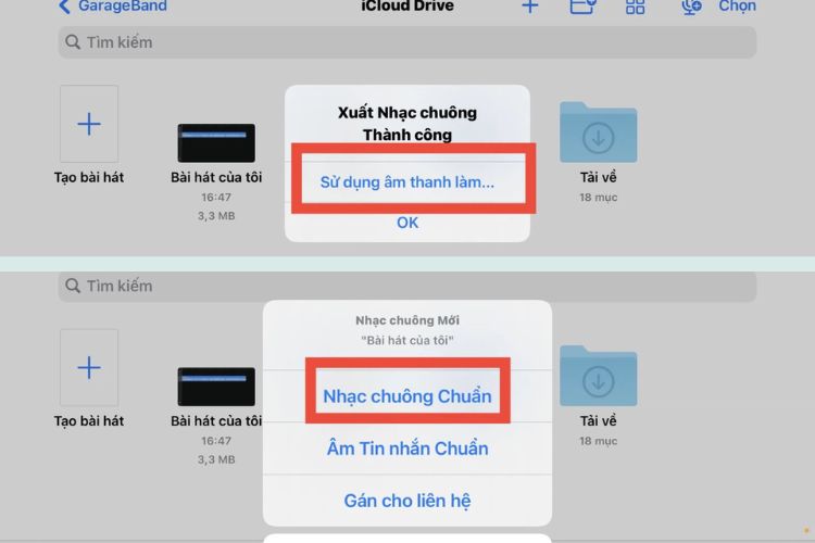 Bạn chọn tiếp Sử dụng âm thanh làm… rồi chọn Nhạc chuông chuẩn
