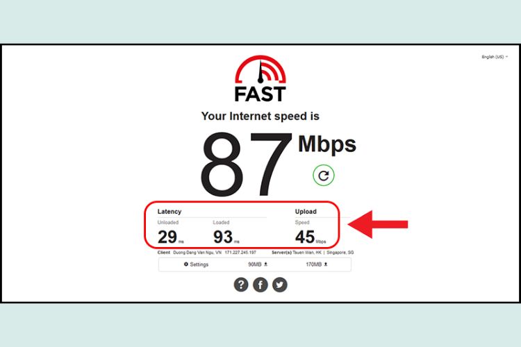Bạn nhấn nút Show more info để xem các thông số về độ trễ (Latency) và tốc độ upload.