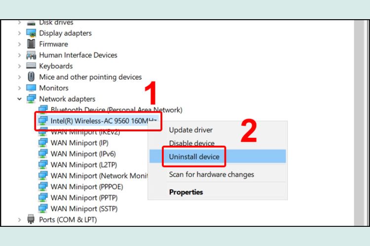 Nhấn chuột phải lên Wireless (mạng WiFi của bạn) > Chọn Uninstall device.