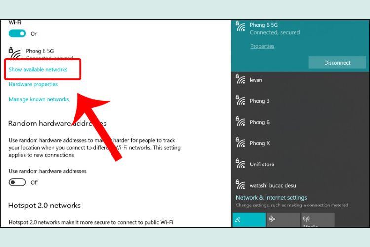 Sau đó bạn kiểm tra lại WiFi bằng cách chọn mục Show available networks như đã thực hiện ở trên.