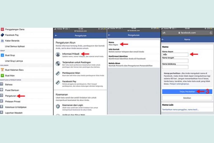 Tại đây, bạn chọn “Pengaturan” rồi bấm vào “Informasi Pribadi” sau đó nhấn “Nama”.