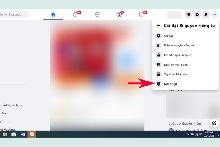 Sau đó, click vào mục “Ngôn ngữ”.