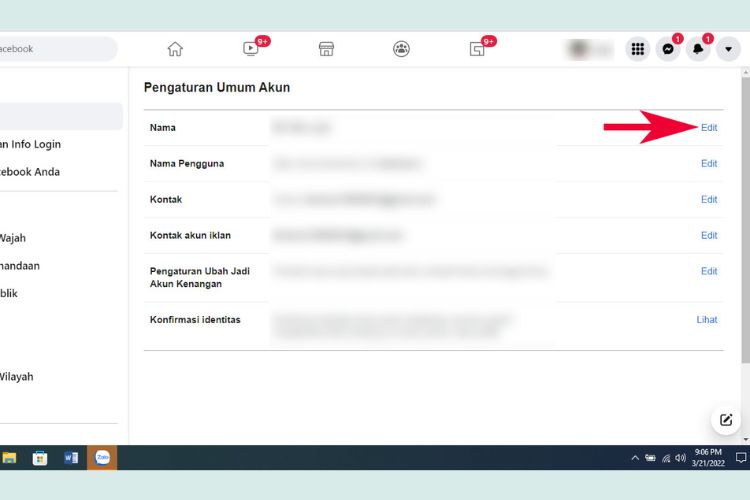Tại đây chọn vào “Edit” để tiến hành đổi tên Facebook.