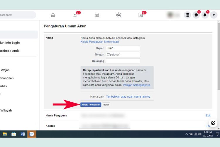 Click vào “Tinjau Perubahan” để lưu thay đổi