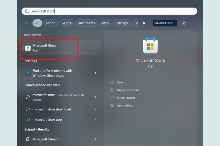 Vào thanh tìm kiếm gõ Microsoft Store để tải facebook về laptop