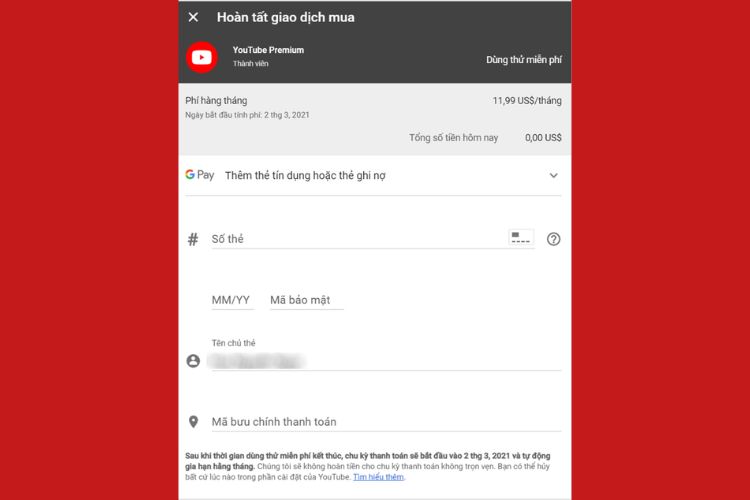Nhập thông tin thẻ/tài khoản thanh toán