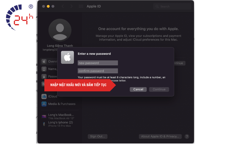 Nhập mật khẩu mới cho iCloud