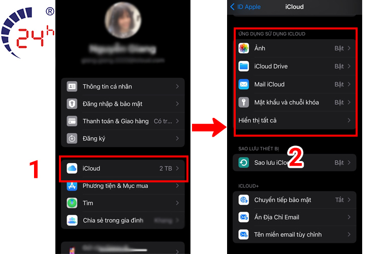 bật các ứng dụng cho phép sử dụng iCloud