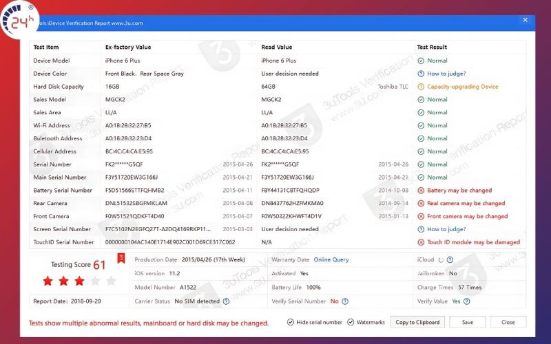 Thông tin về tình trạng của iPhone sau khi kết nối với 3utools