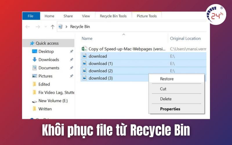 Khôi phục file từ Recycle Bin