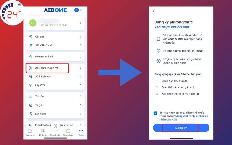cách xác thực sinh trắc học ACB