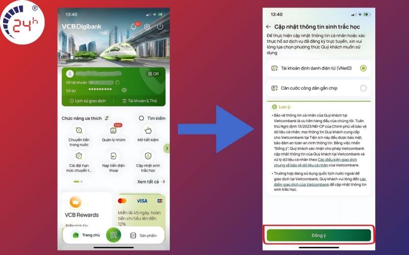 cách xác thực sinh trắc học vietcombank