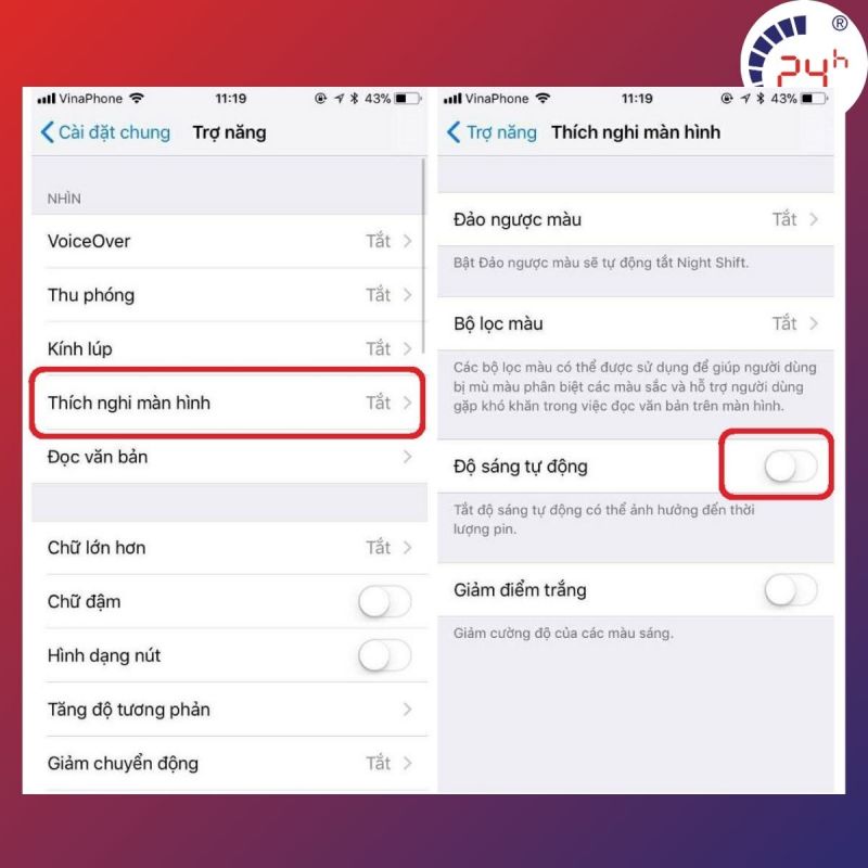 Chinh do sang man hinh iPhone tu dong
