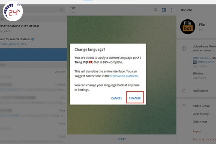 Cài đặt tiếng Việt cho Telegram trên máy tính Bước 2