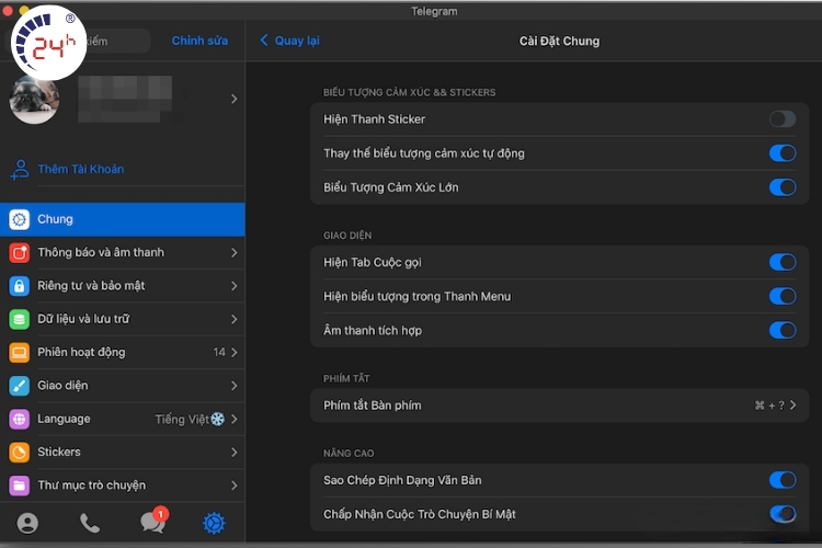 Giao diện khi cài tiếng Việt cho Telegram