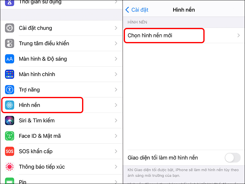 Sau khi tải hình nền xuống bạn vào Cài đặt, chọn Hình nền. Tiếp đến nhấn Chọn hình nền mới.