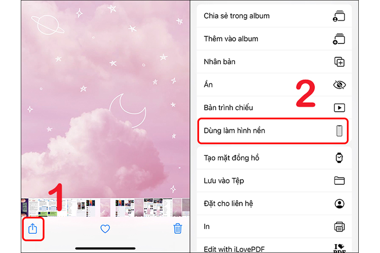 Mở hình ảnh mà bạn muốn đặt làm hình nền từ album > Chọn biểu tượng chia sẻ ở góc trái màn hình > Chọn Dùng làm hình nền.