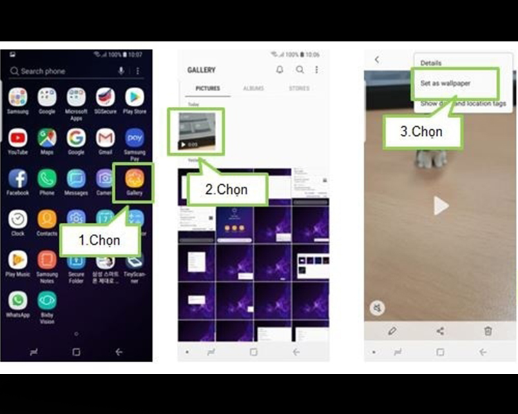 Cách cài video làm hình nền điện thoại từ Bộ sưu tập vào ứng dụng Bộ sưu tập> chọn Video > chọn Biểu tượng nhiều hơn và Đặt làm hình nền