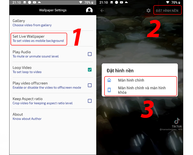  Cách cài đặt video hình nền điện thoại Samsung Chọn Set Live Wallpaper > Sau đó chọn Đặt hình nền > Chọn màn hình bạn muốn đặt là xong.