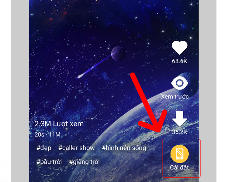 chọn video và nhấn nút Cài đặt để sử dụng làm hình nền điện thoại Samsung