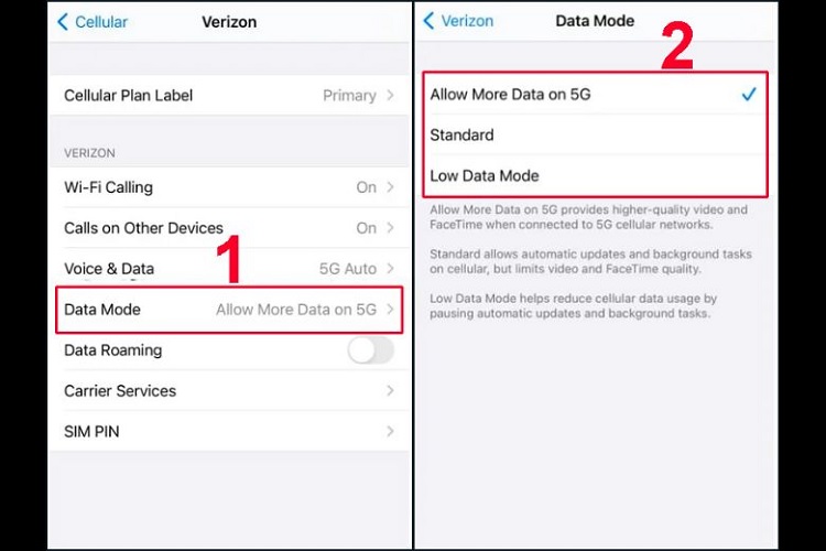 Chọn mục Chế độ dữ liệu, màn hình sẽ hiện ra 3 tùy chọn cài đặt 5G