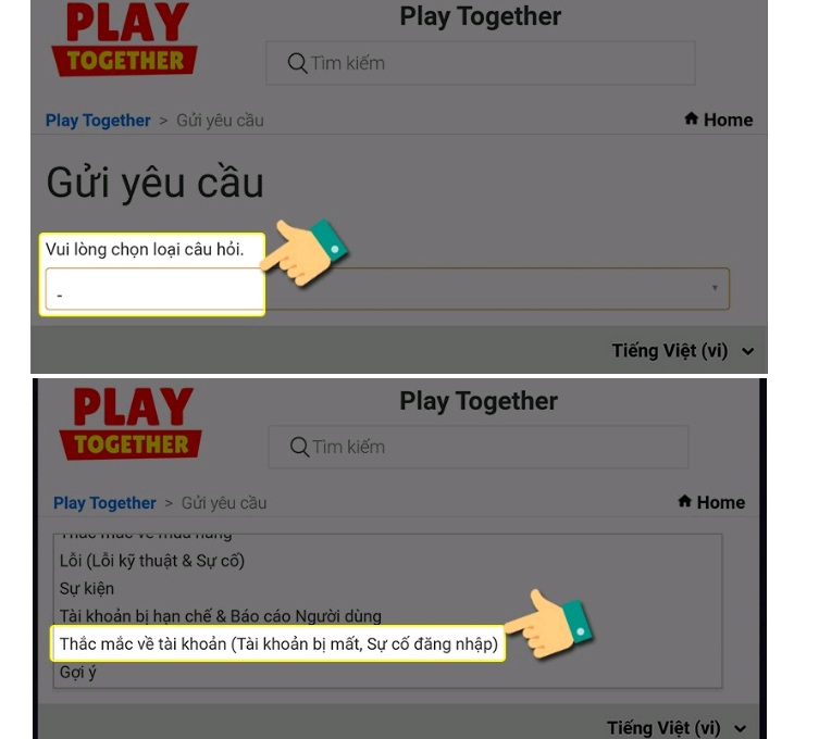 Chọn Thắc mắc về tài khoản trong các loại câu hỏi