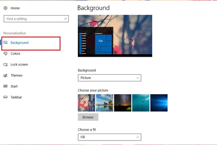 Nhấn chọn Background sau đó cài đặt dạng hình ảnh muốn thiết lập