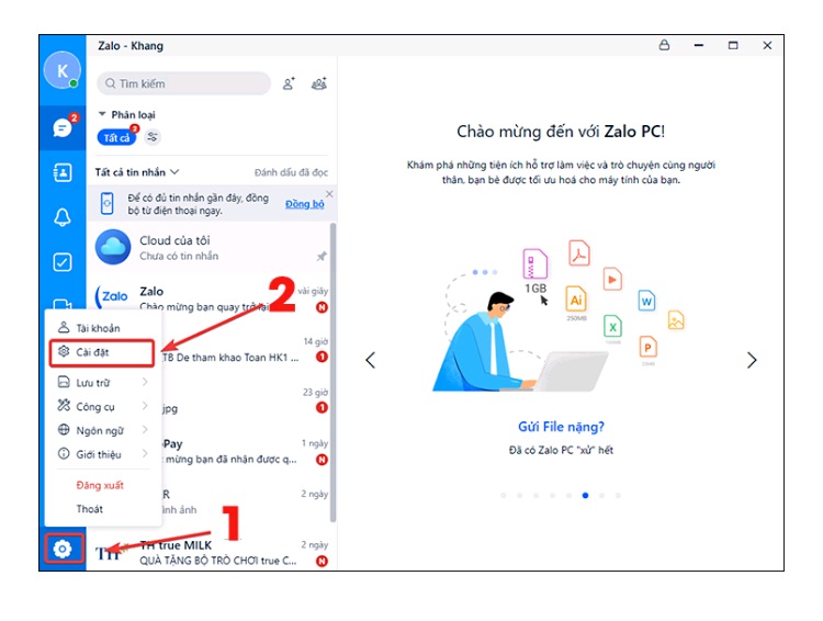 Đi đến phần Cài đặt từ Zalo trên máy tính