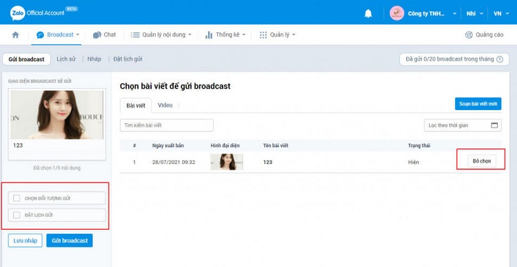 Chọn Tạo bài viết mới (nếu bạn muốn tạo nội dung mới rồi chọn Đối tượng gửi và Đặt lịch gửi